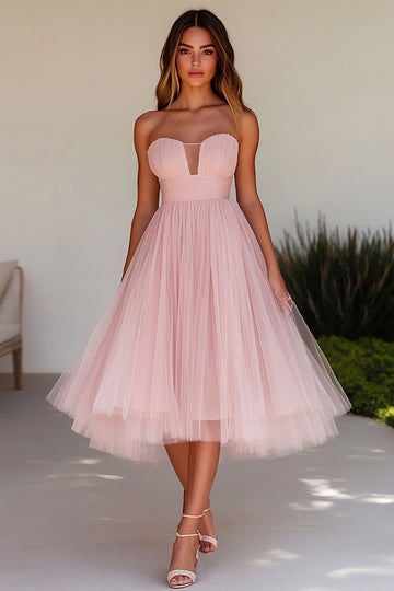 Pink A Line Strapless Tulle Wedding Guest Dress